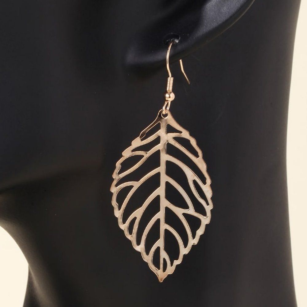 3 Laser Cut Leaf Dangle Earrings Goldtone 3a2